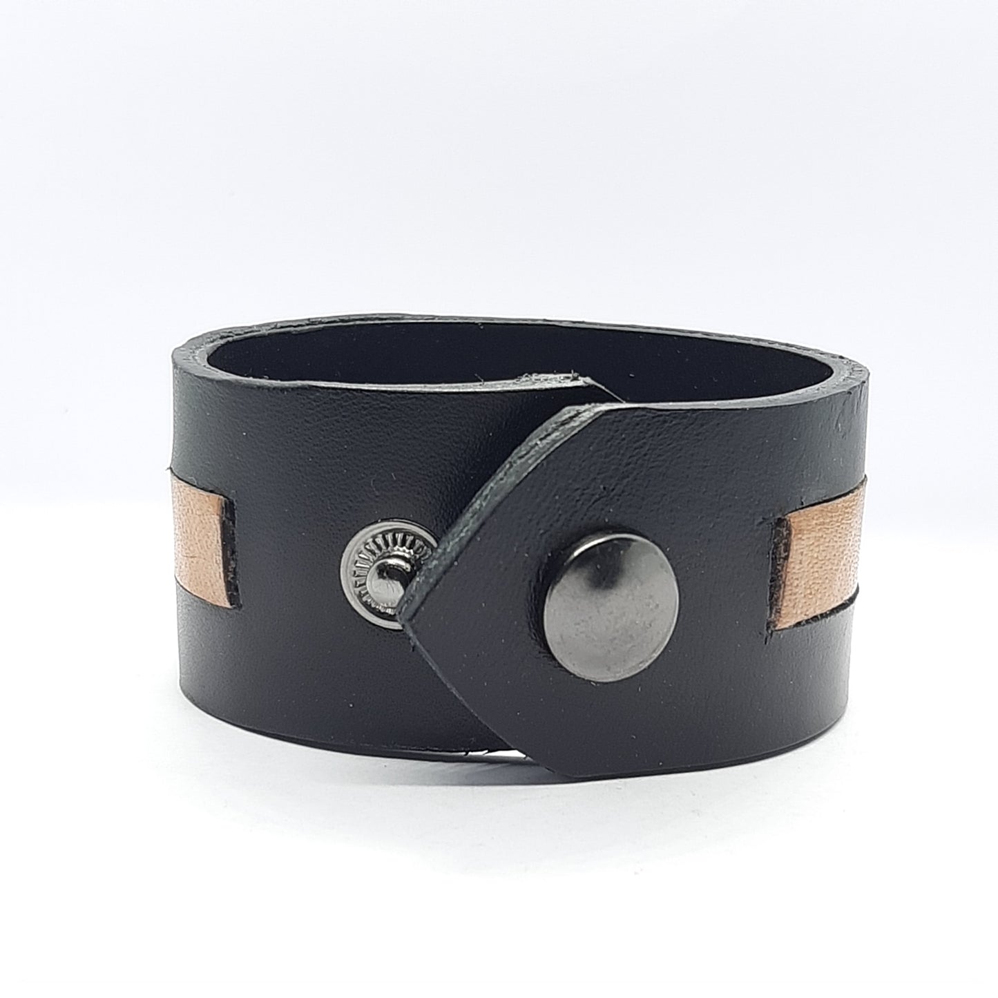 Bracciale in Pelle nero inserto marrone Fatto a Mano