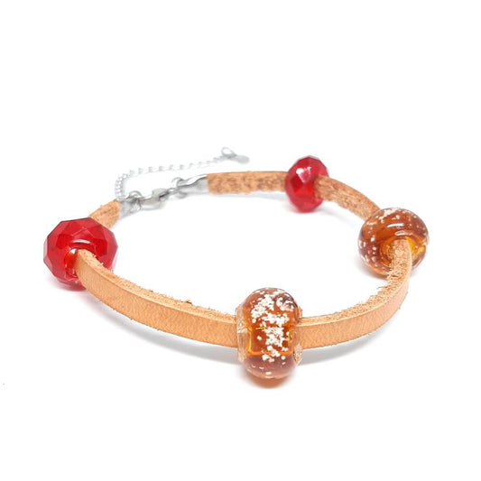 bracciale in pelle marrone naturale con charms in vetro