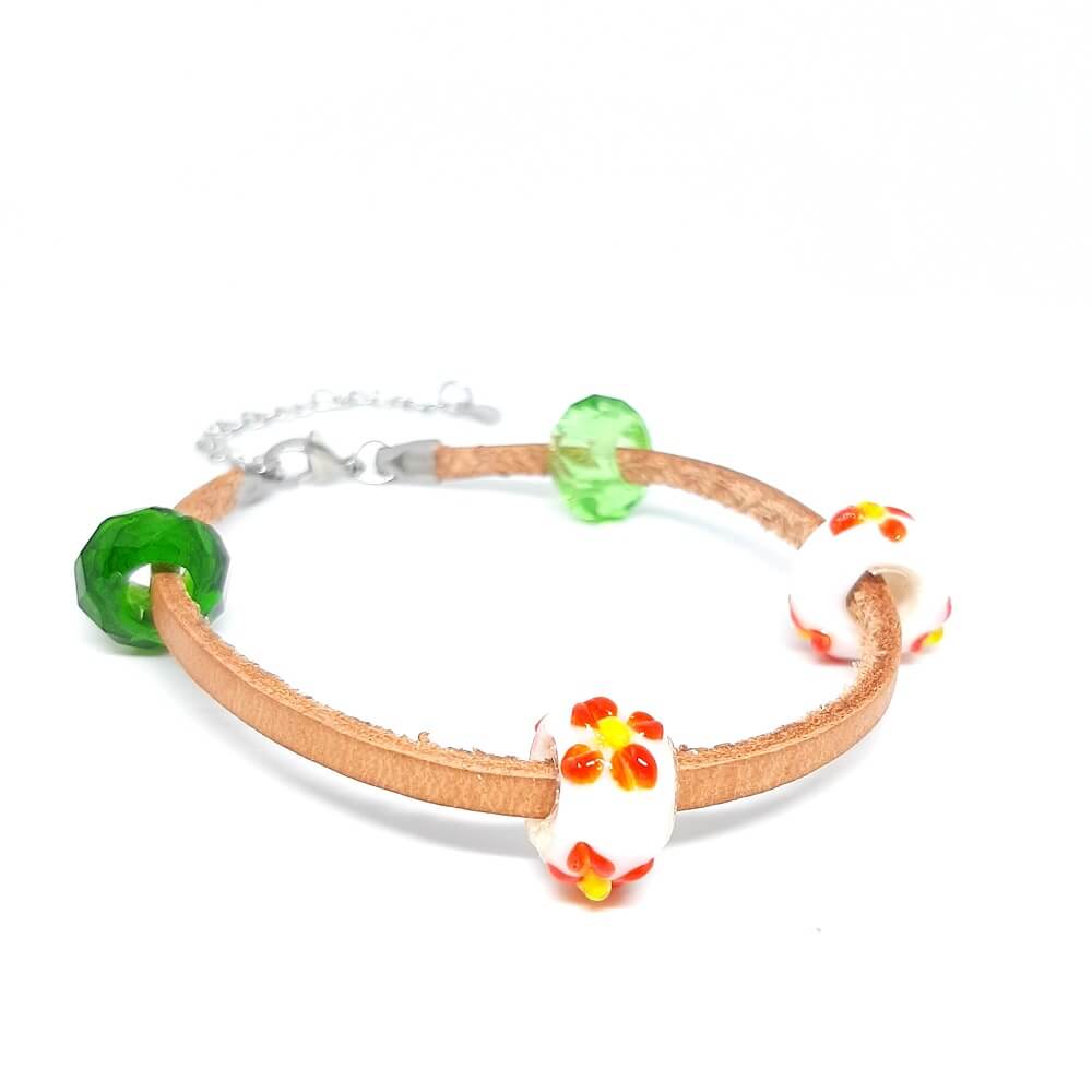 bracciale in pelle marrone naturale con charms in vetro