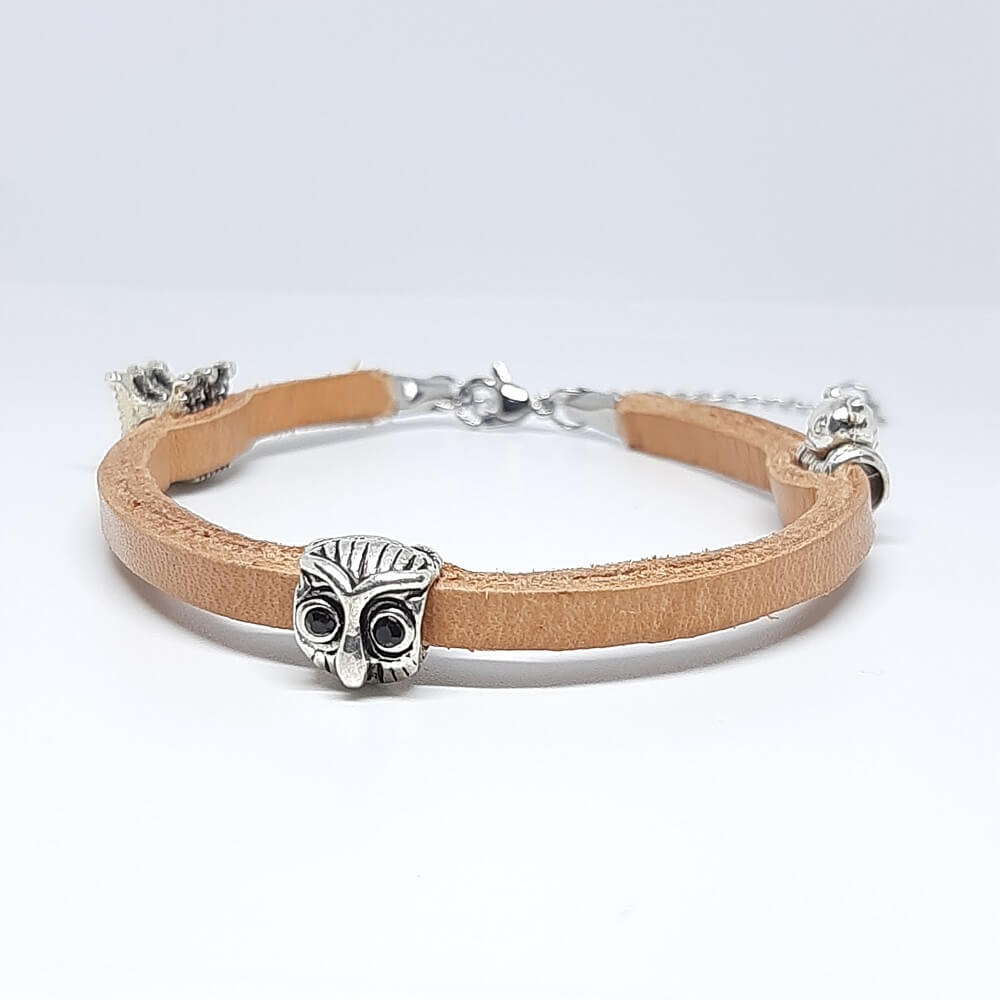 Bracciale in pelle uomo/donna marrone naturale con charms simboli