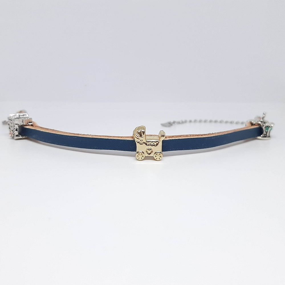 Bracciale in pelle donna blu petrolio con charms simboli