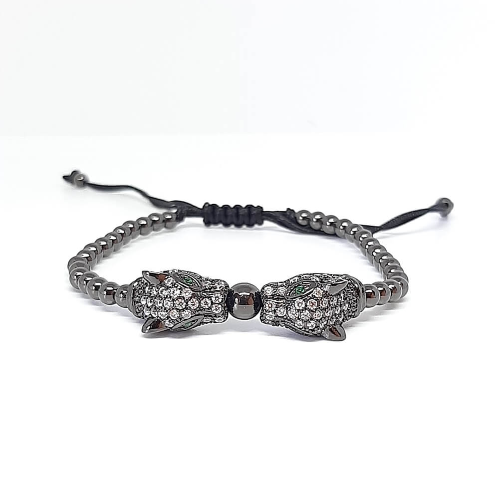 Bracciale con perle in metallo macramè charm leopardo zirconato