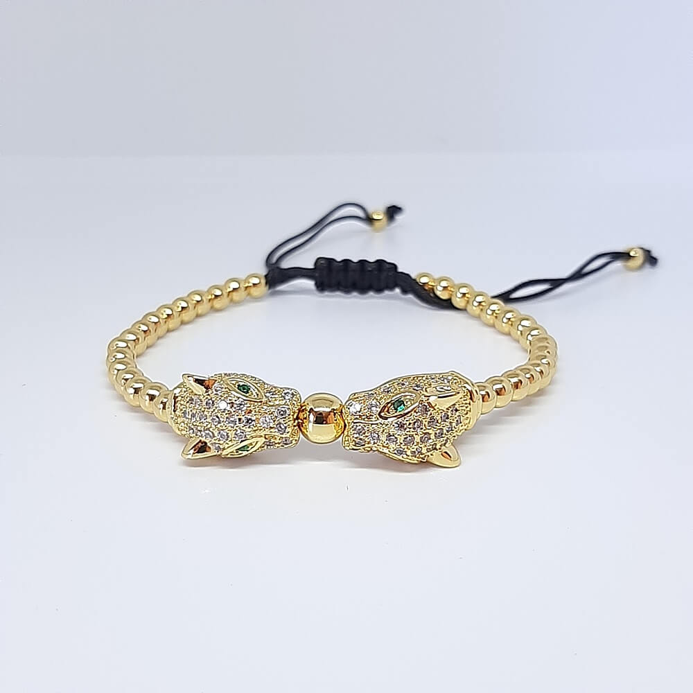 Bracciale con perle in metallo macramè charm leopardo zirconato