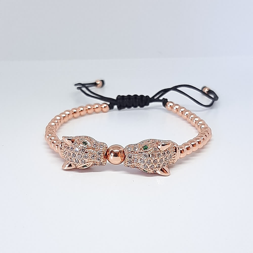 Bracciale con perle in metallo macramè charm leopardo zirconato