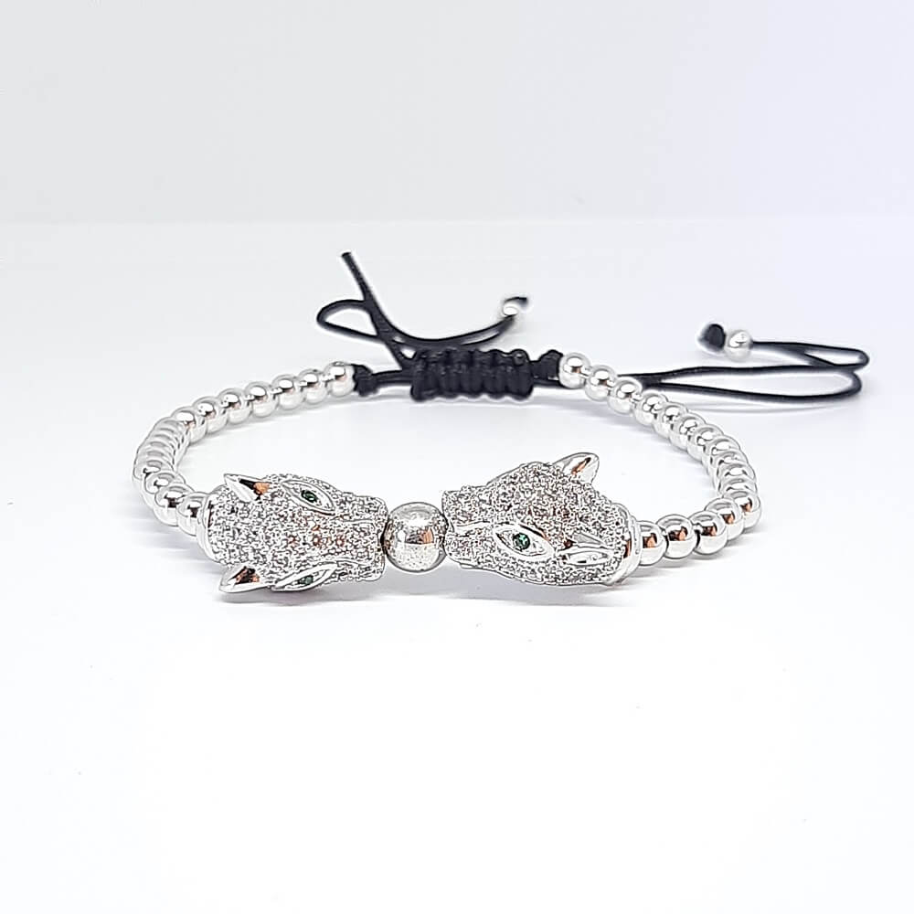 Bracciale con perle in metallo macramè charm leopardo zirconato