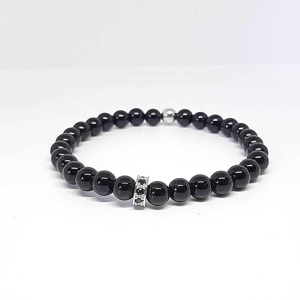 Bracciale pietra nera lucida charm rondella zirconata elastico