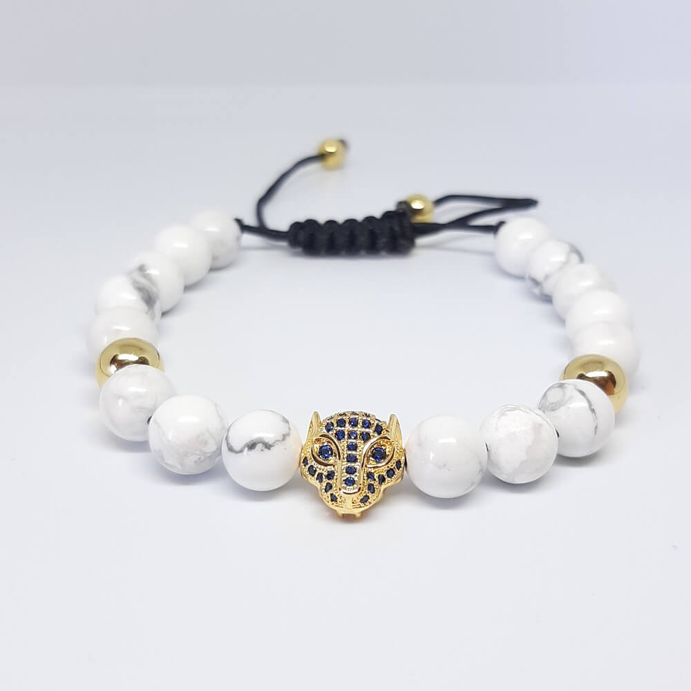 Bracciale con pietra bianca fatto a mano macramè charm leopardo zirconato