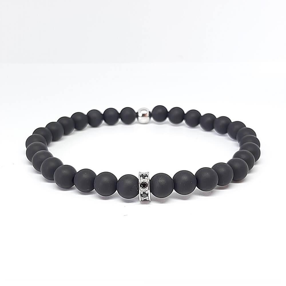 Bracciale con pietre nere charm rondella zirconata elastico