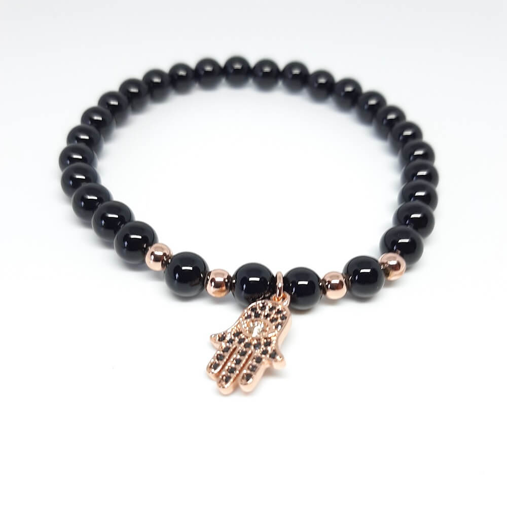 Bracciale con pietra lucida nera charm mano di fatima elastico