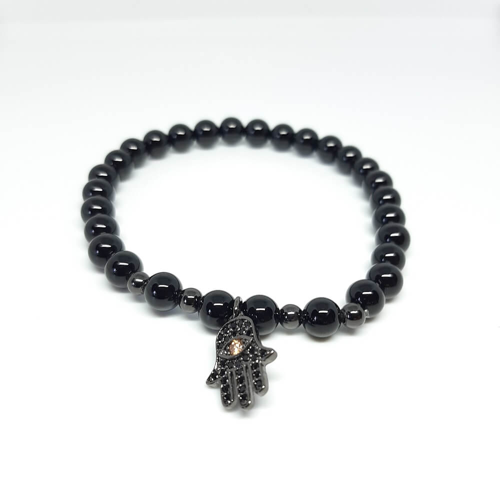 Bracciale con pietra lucida nera charm mano di fatima elastico