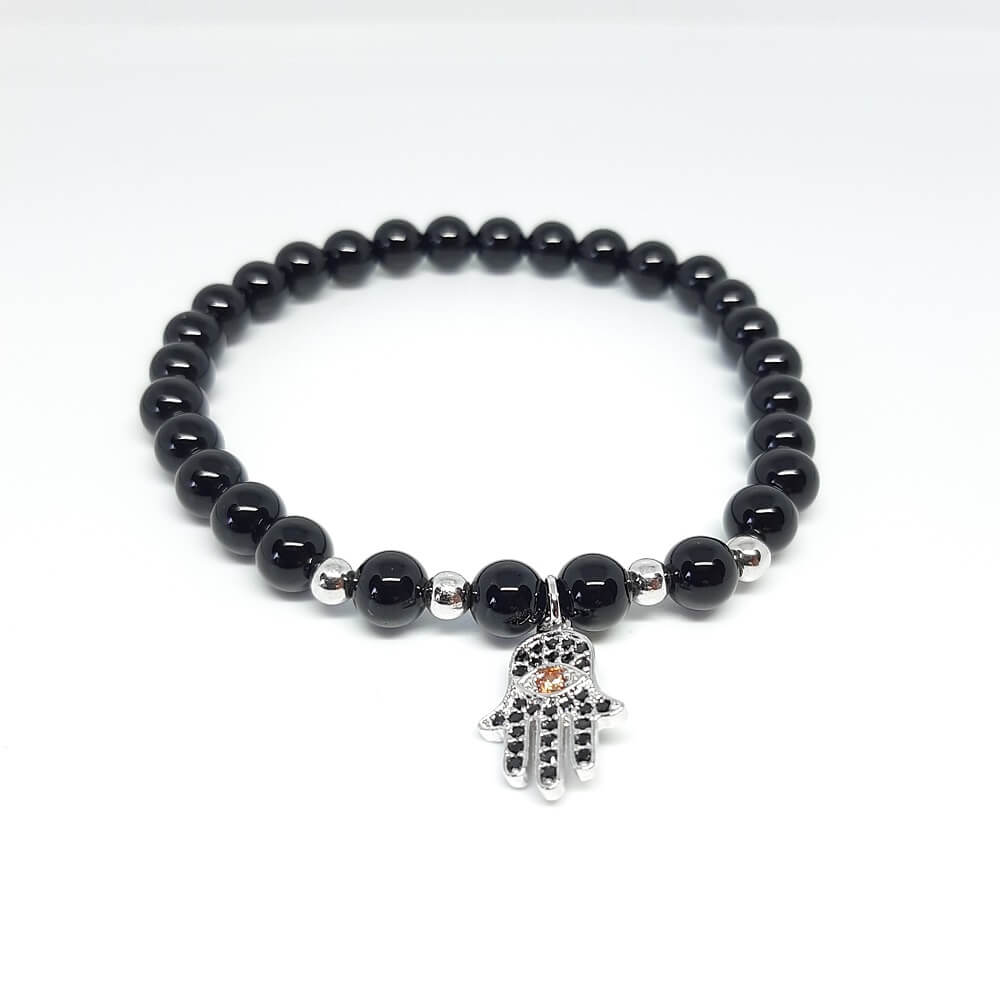 Bracciale con pietra lucida nera charm mano di fatima elastico