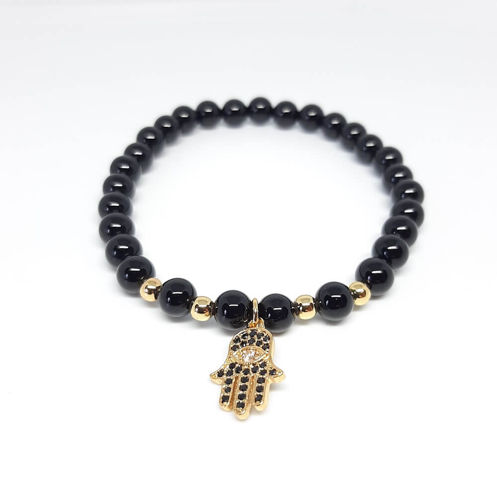 Bracciale con pietra lucida nera charm mano di fatima elastico