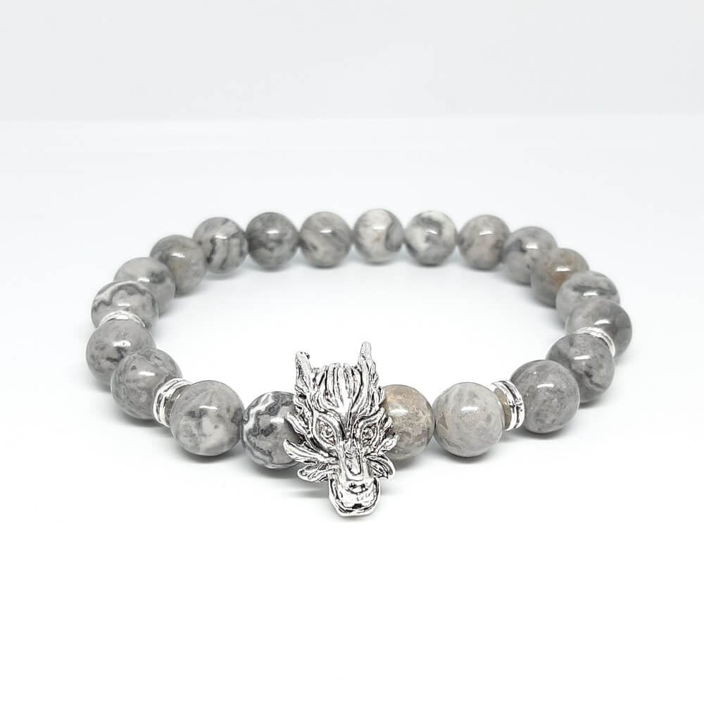 Bracciale con pietre grigio fatto a mano charm lupo elastico