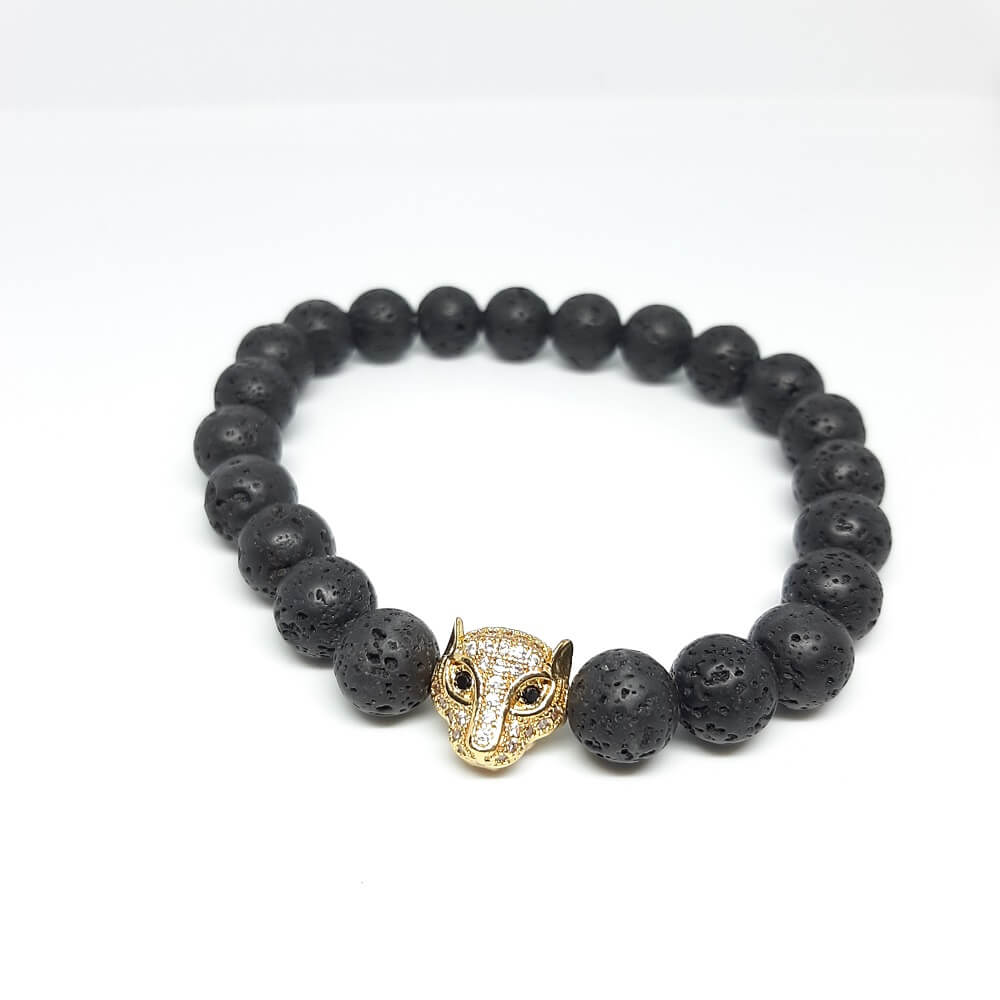 Bracciale con pietre laviche charm leopardo elastico