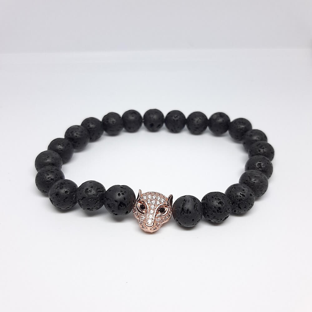 Bracciale con pietre laviche charm leopardo elastico