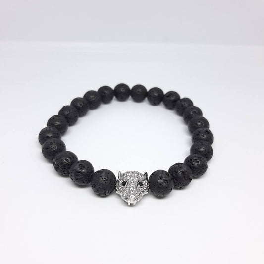 Bracciale con pietre laviche charm leopardo elastico