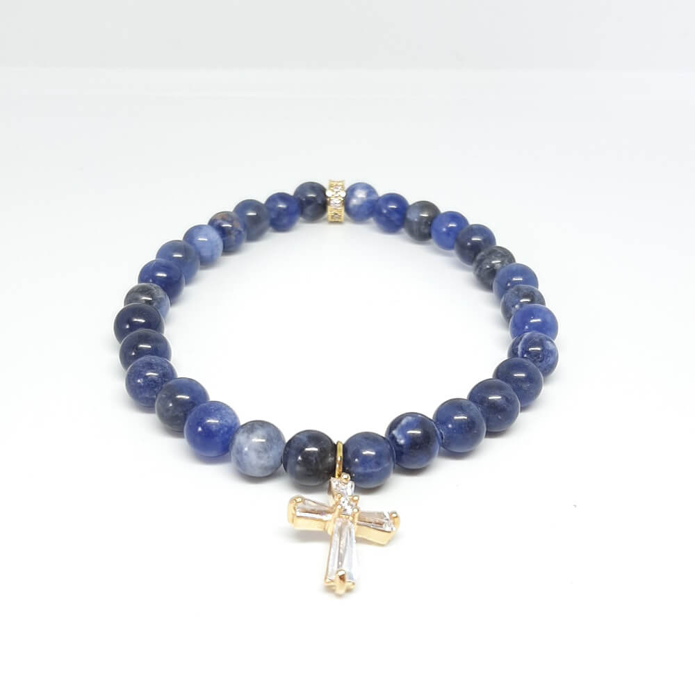 Bracciale con pietra blu charm croce elastico