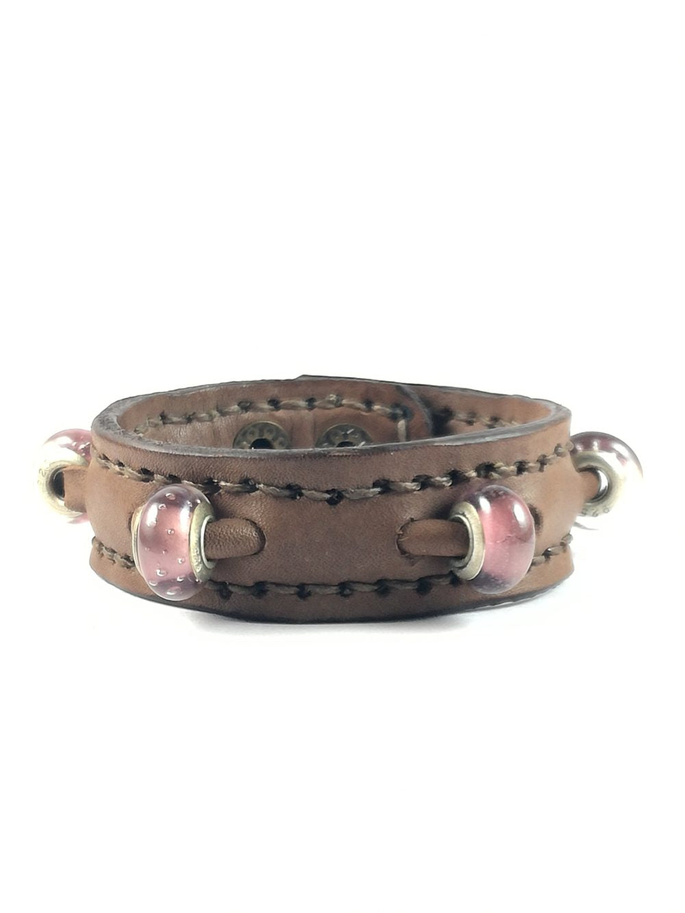 Bracciale in Pelle marrone Fatto a Mano Charm in vetro rosa