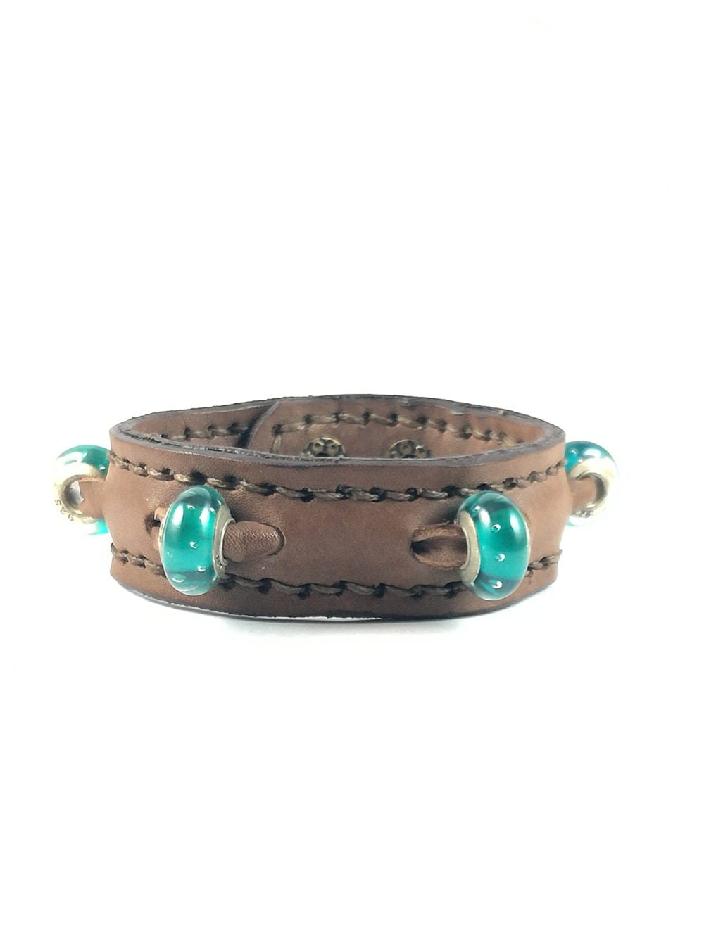 Bracciale in Pelle marrone Fatto a Mano Charm verde