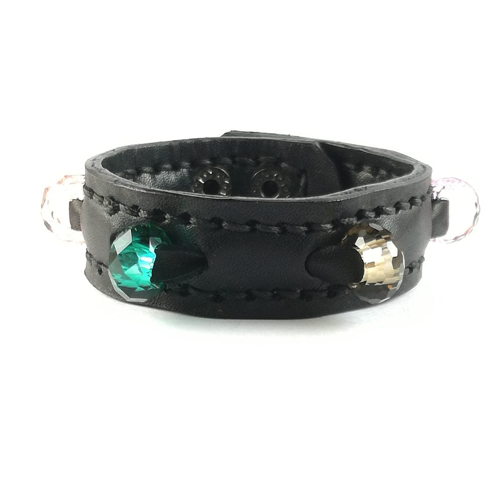 Bracciale in Pelle nero Fatto a Mano Charm in vetro vari colori