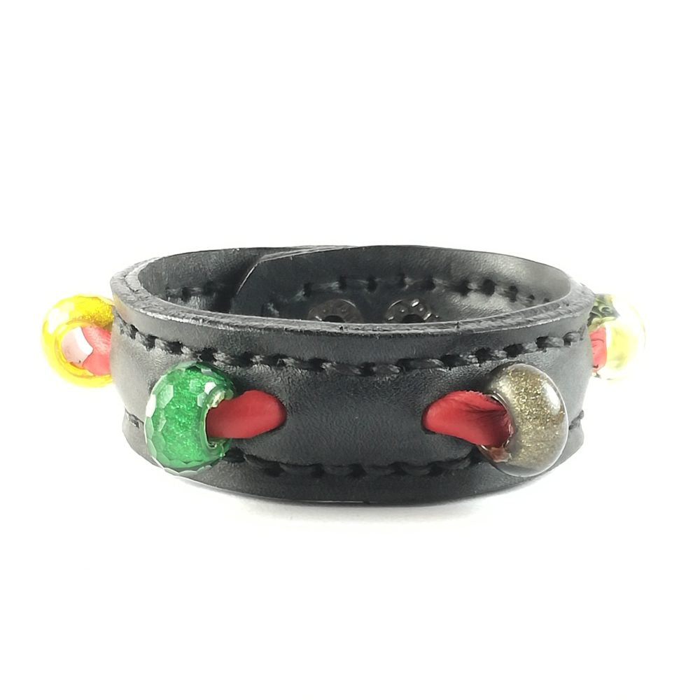 Bracciale in Pelle nero Charm in vetro vari colori con inserto rosso