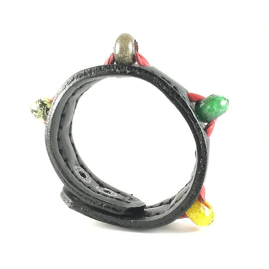 Bracciale in Pelle nero Charm in vetro vari colori con inserto rosso