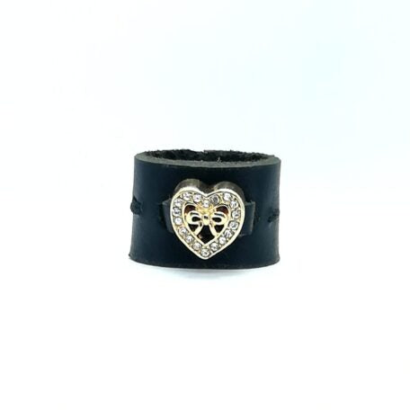 Anello in pelle nero con charm cuore dorato con zircone