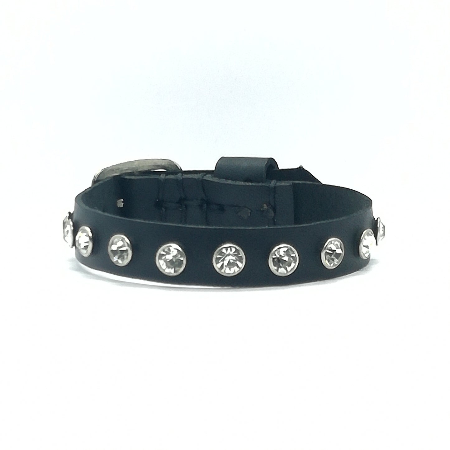 Bracciale in Pelle nero Fatto a Mano con pietra in vetro bianco