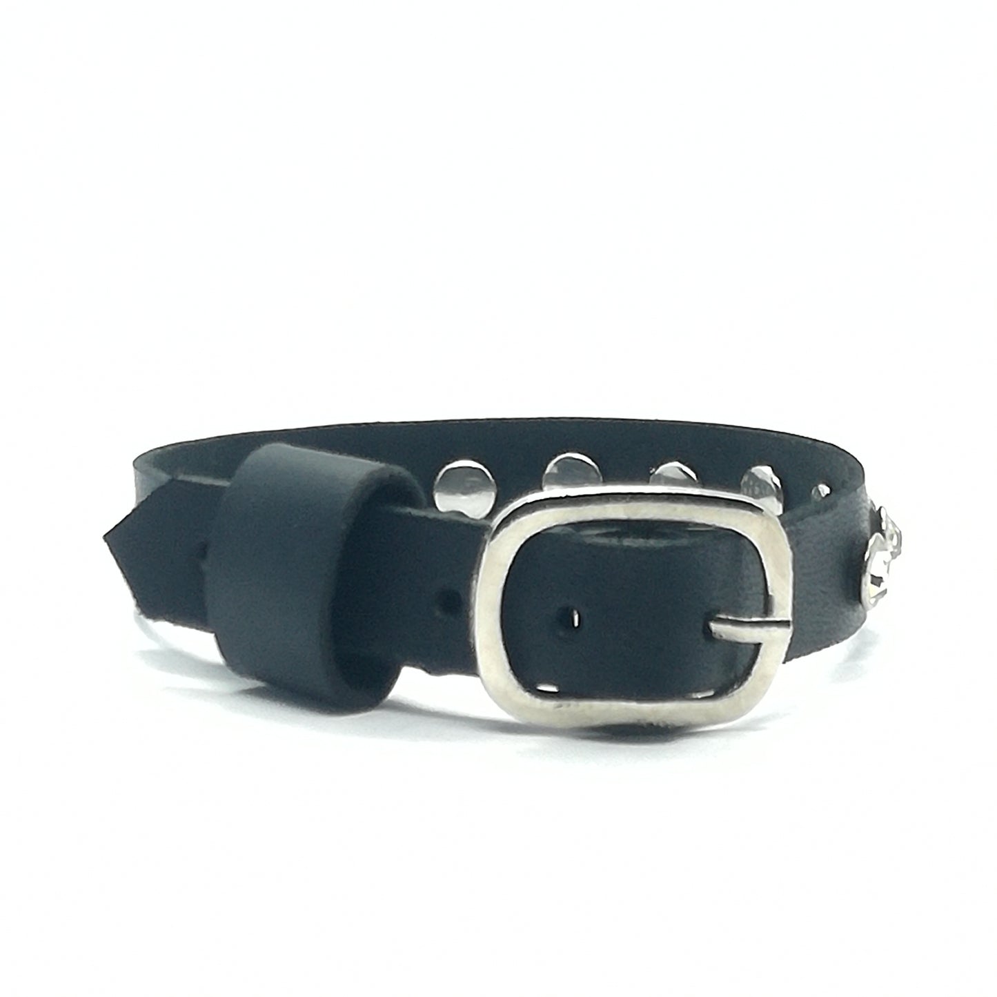 Bracciale in Pelle nero Fatto a Mano con pietra in vetro bianco