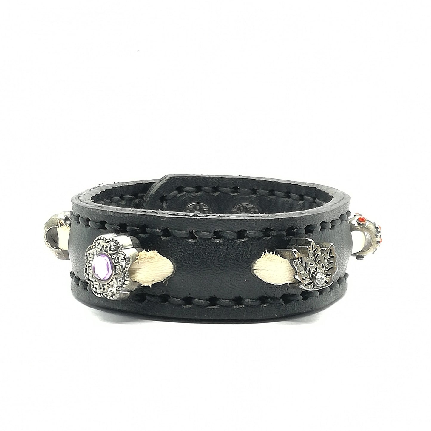 Bracciale in Pelle nero Fatto a Mano con charms simboli