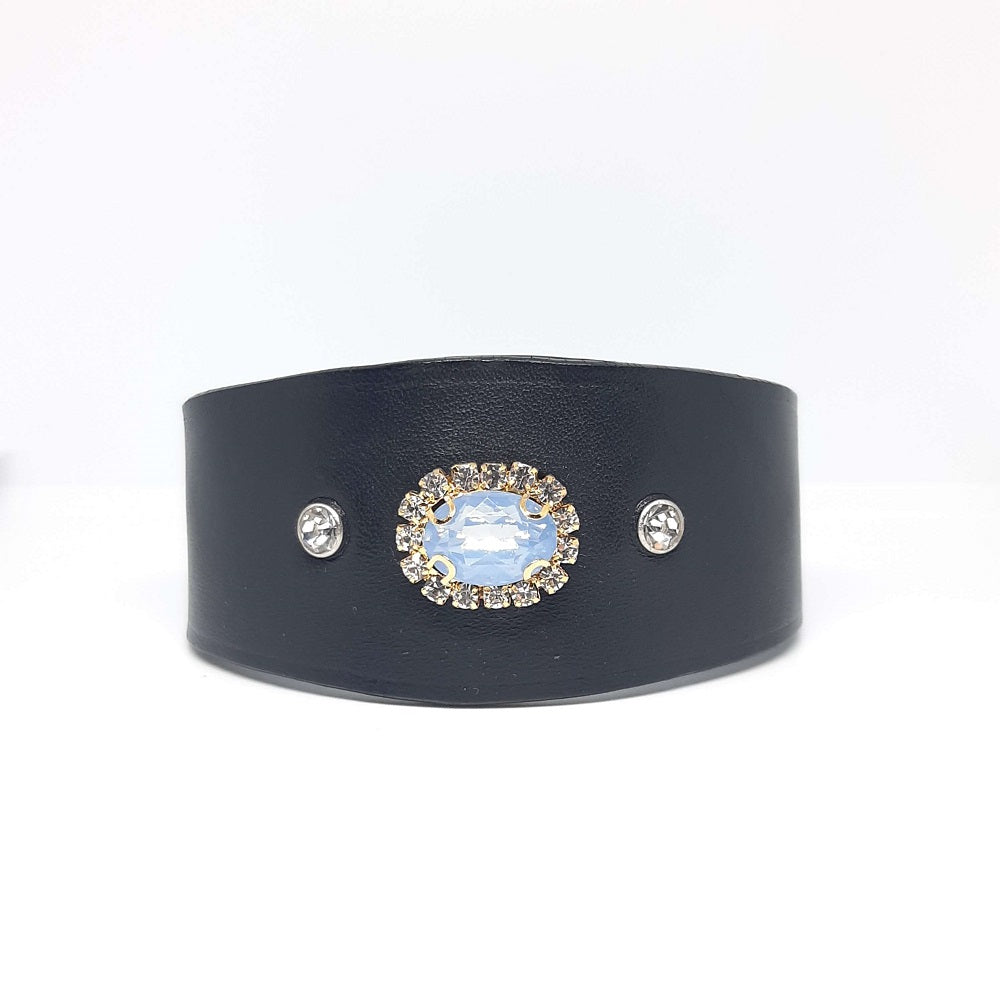 Bracciale pelle nero artigianale pietra zirconata