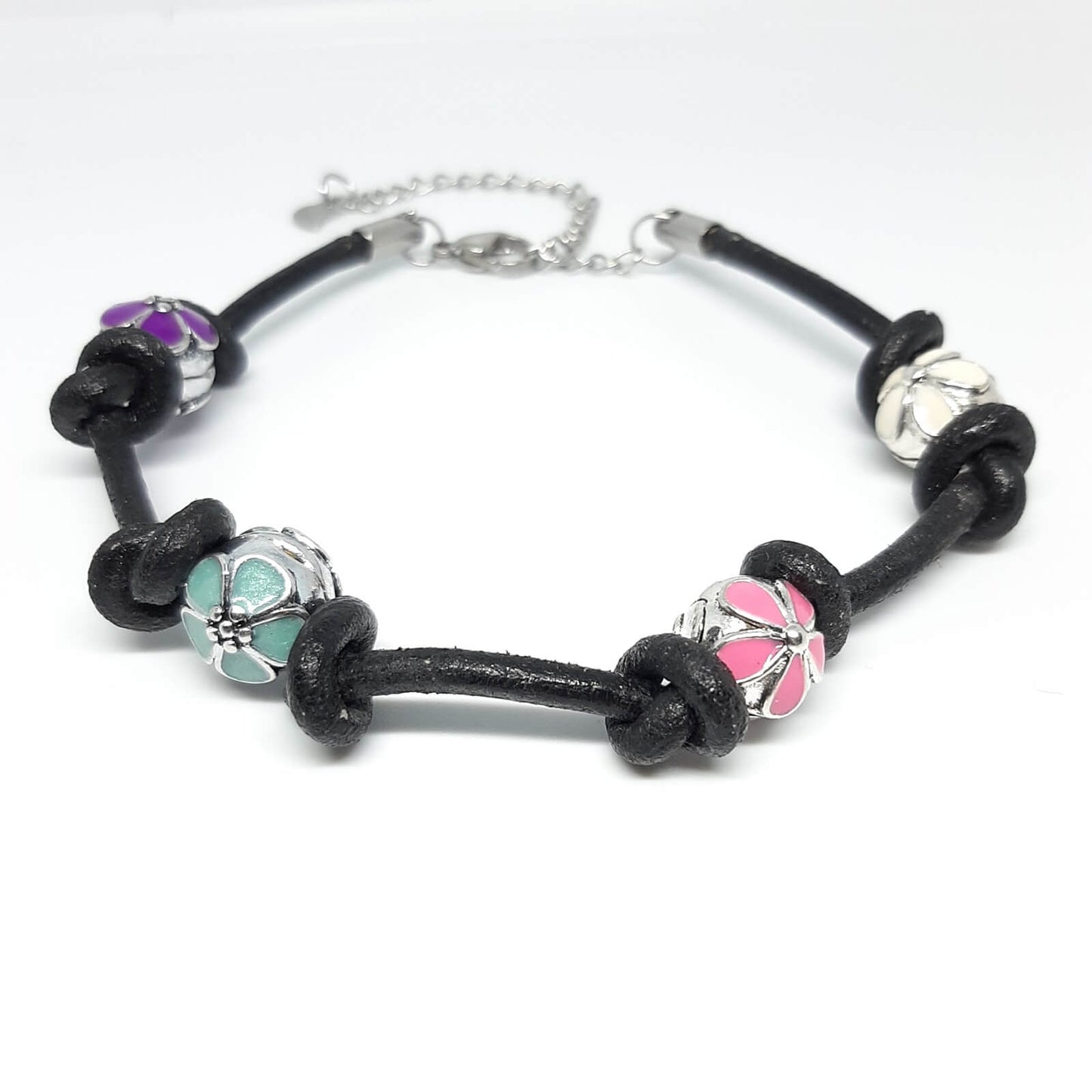 Bracciale in Pelle cordoncino con charm fiore dipinto