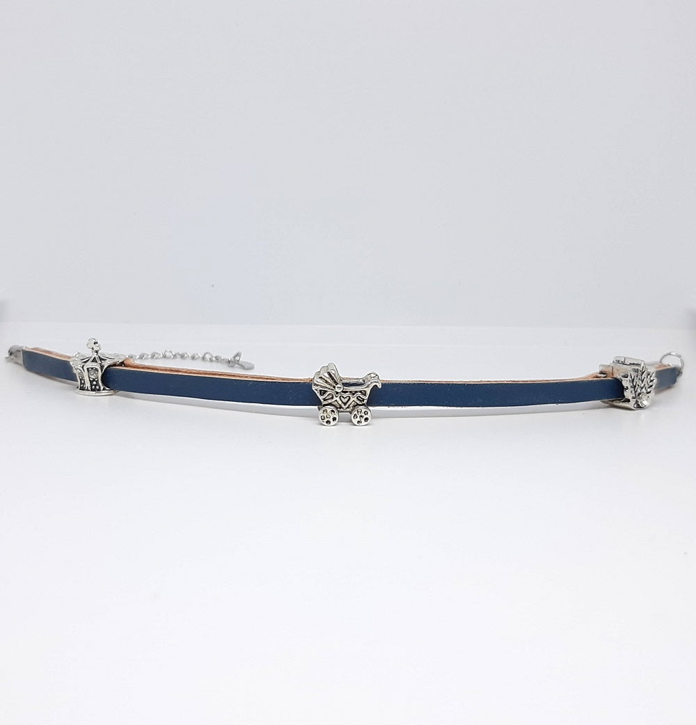 Bracciale in pelle donna blu petrolio con charms simboli