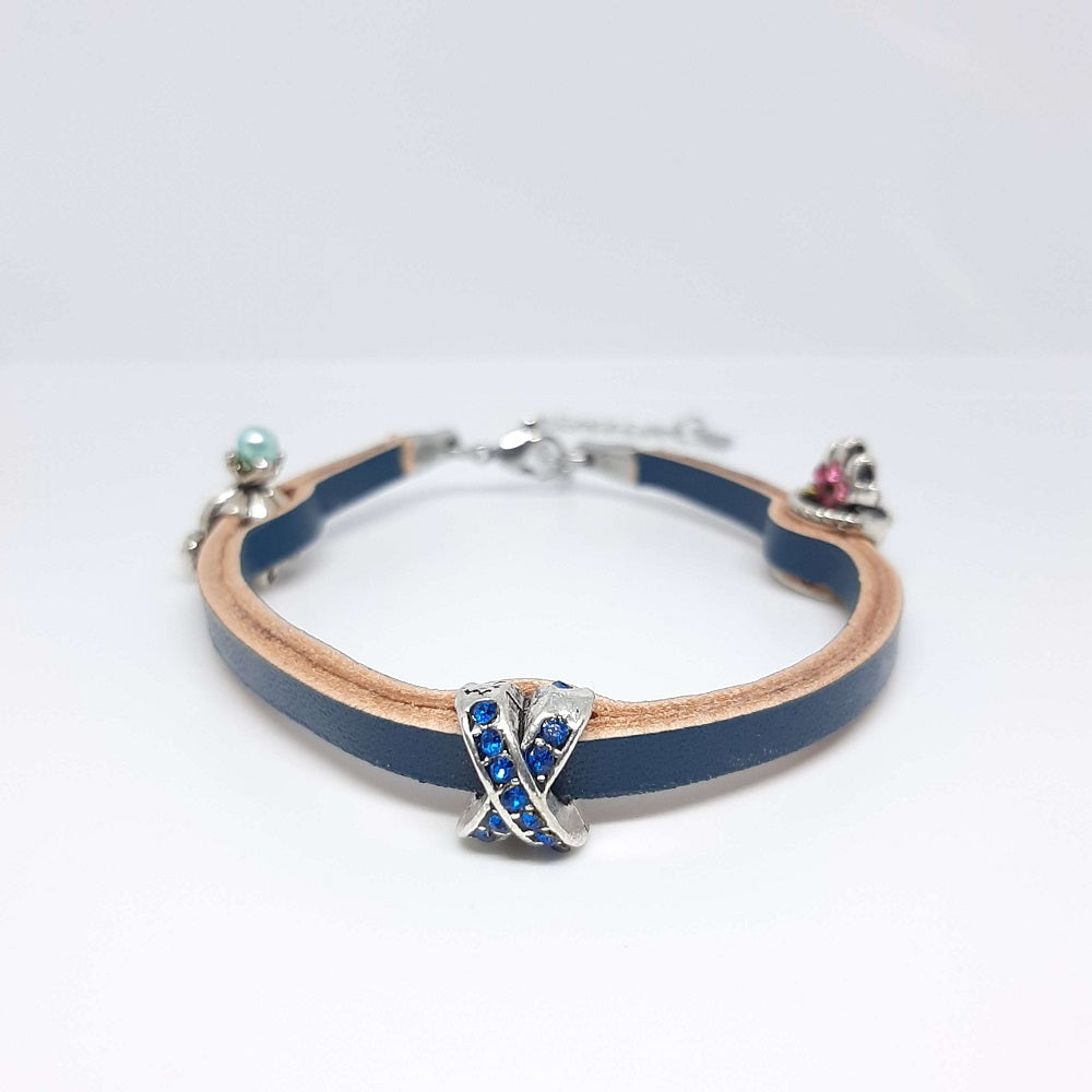 Bracciale in pelle donna blu petrolio con charms simboli