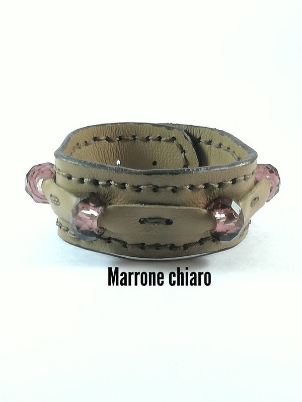 Bracciale in Pelle Marrone Chiaro Fatto a Mano Charm Vetro viola