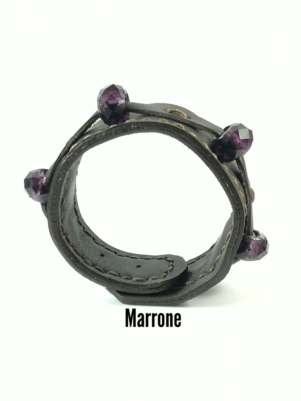 Bracciale in Pelle marrone Fatto a Mano con Charm Vetro Viola