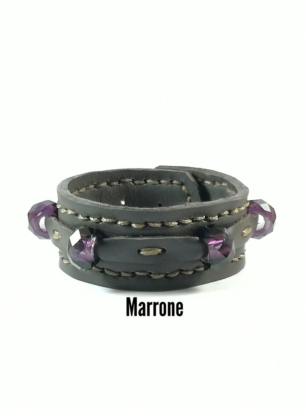 Bracciale in Pelle marrone Fatto a Mano con Charm Vetro Viola