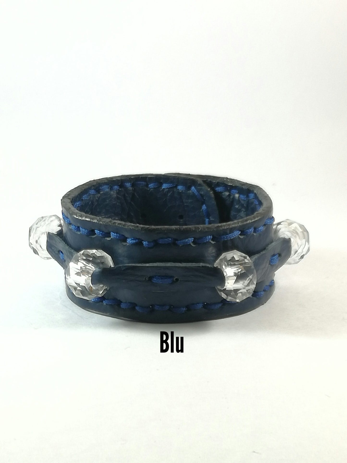 Bracciale in Pelle blu Fatto a Mano Charm Vetro Bianco