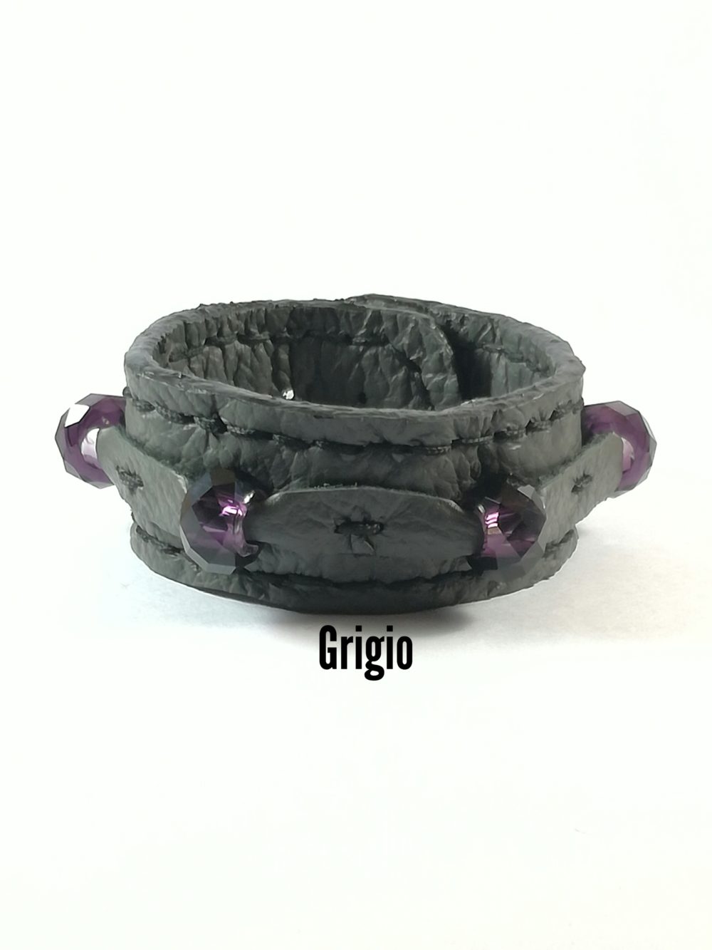 Bracciale in Pelle grigio Fatto a Mano Charm Vetro viola