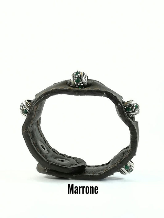 Bracciale in Pelle marrone Fatto a Mano Charm zircone Verde