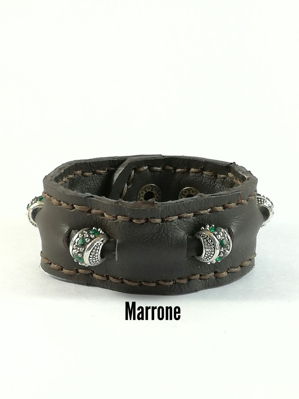 Bracciale in Pelle marrone Fatto a Mano Charm zircone Verde