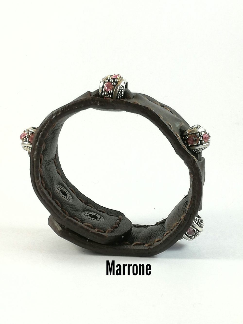 Bracciale in Pelle Marrone Fatto a Mano Charm zircone Rosa