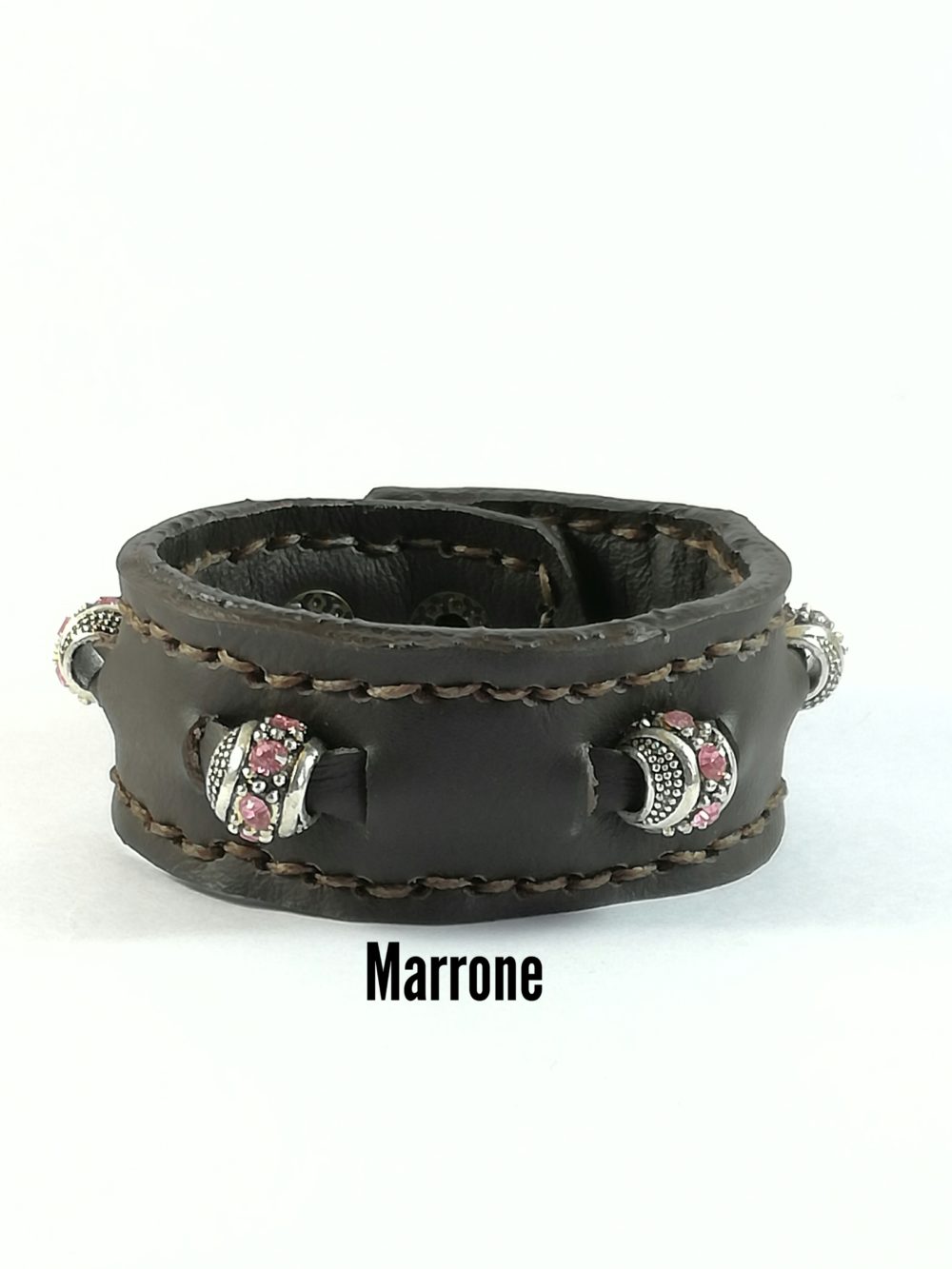 Bracciale in Pelle Marrone Fatto a Mano Charm zircone Rosa