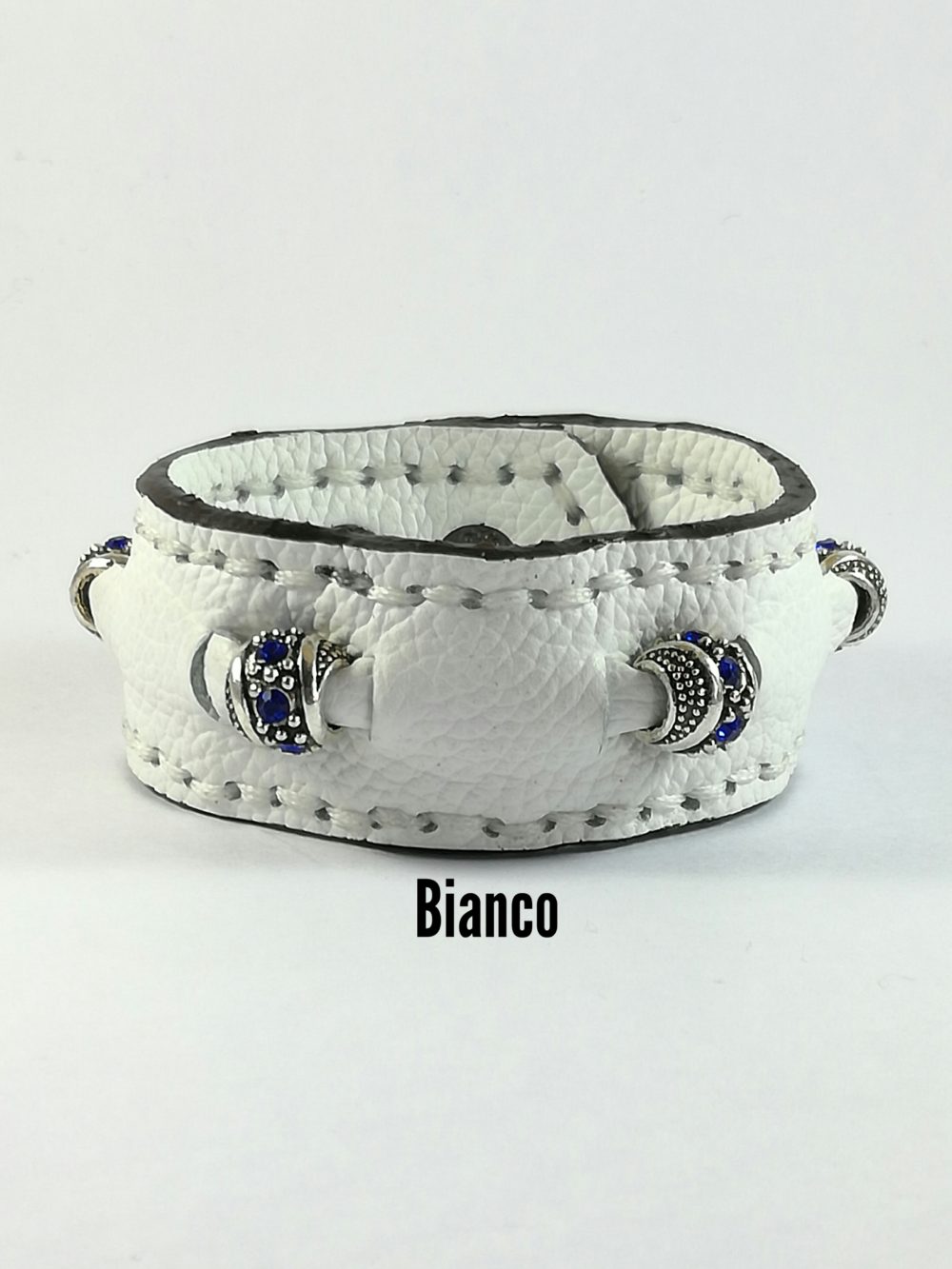 Bracciale in Pelle bianco Fatto a Mano Charm zircone Blu