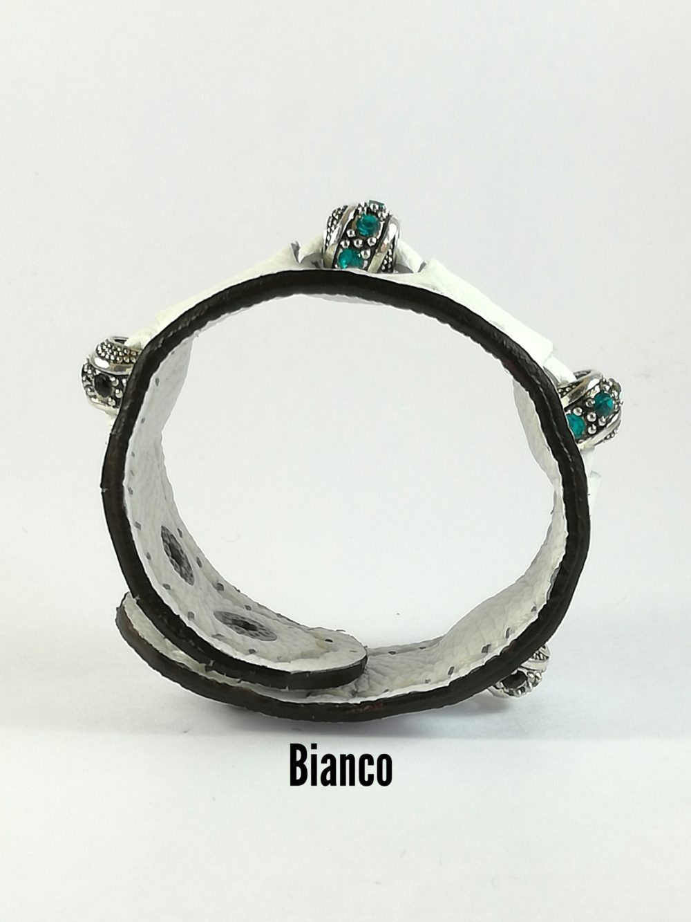 Bracciale in Pelle bianco Fatto a Mano Charm zircone Verde