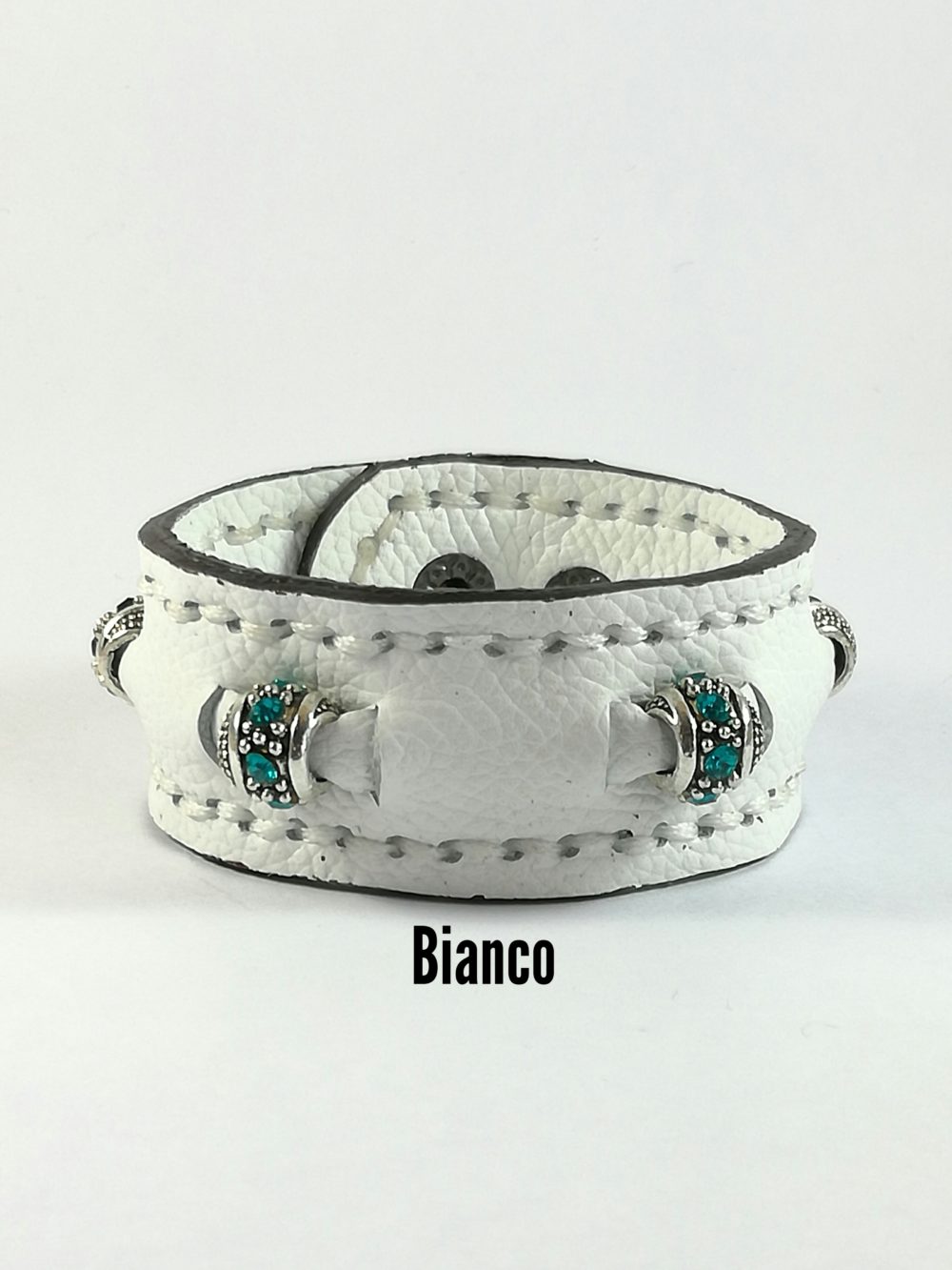 Bracciale in Pelle bianco Fatto a Mano Charm zircone Verde