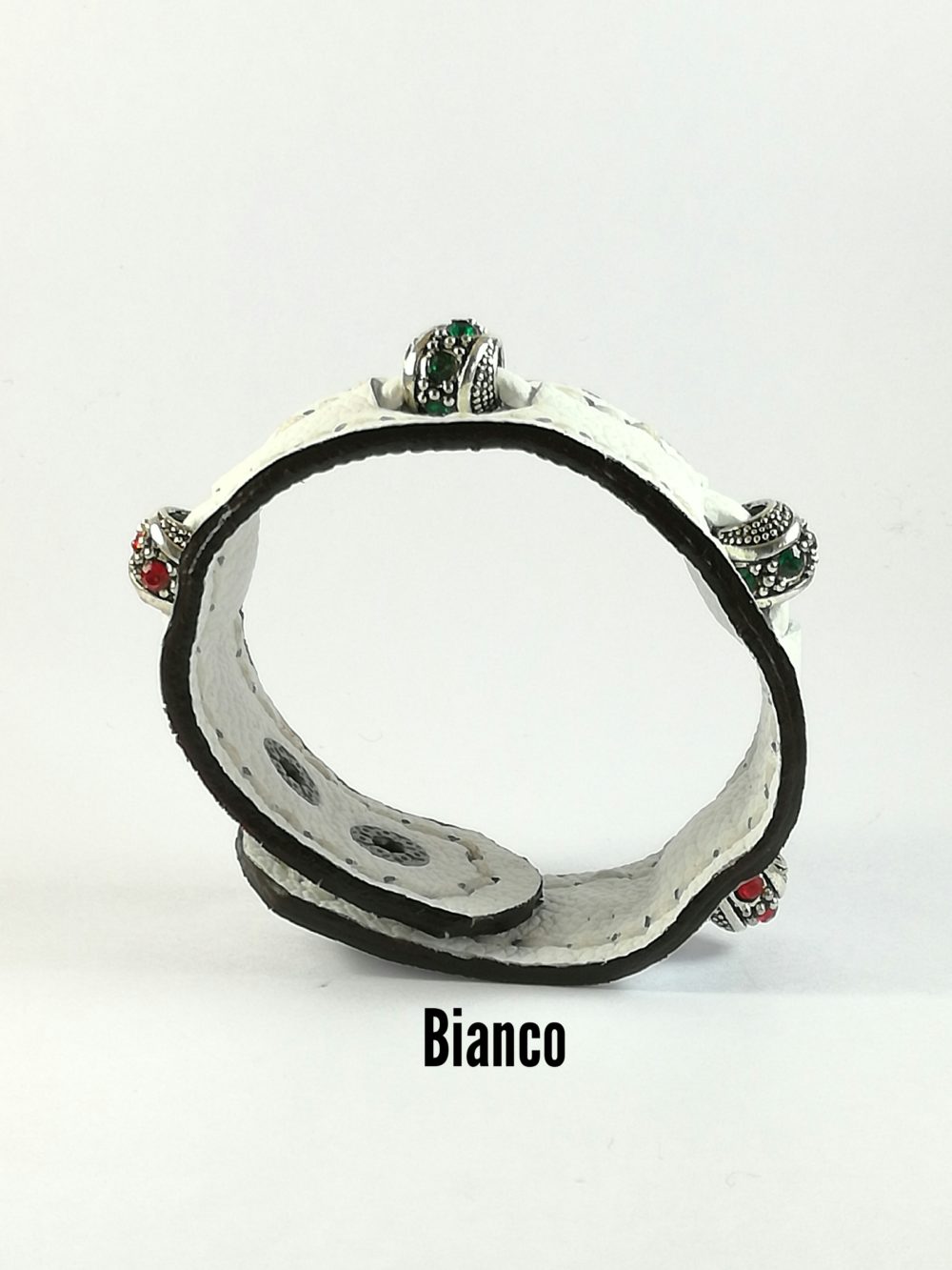 Bracciale in Pelle bianco Charm zircone rosso e verde