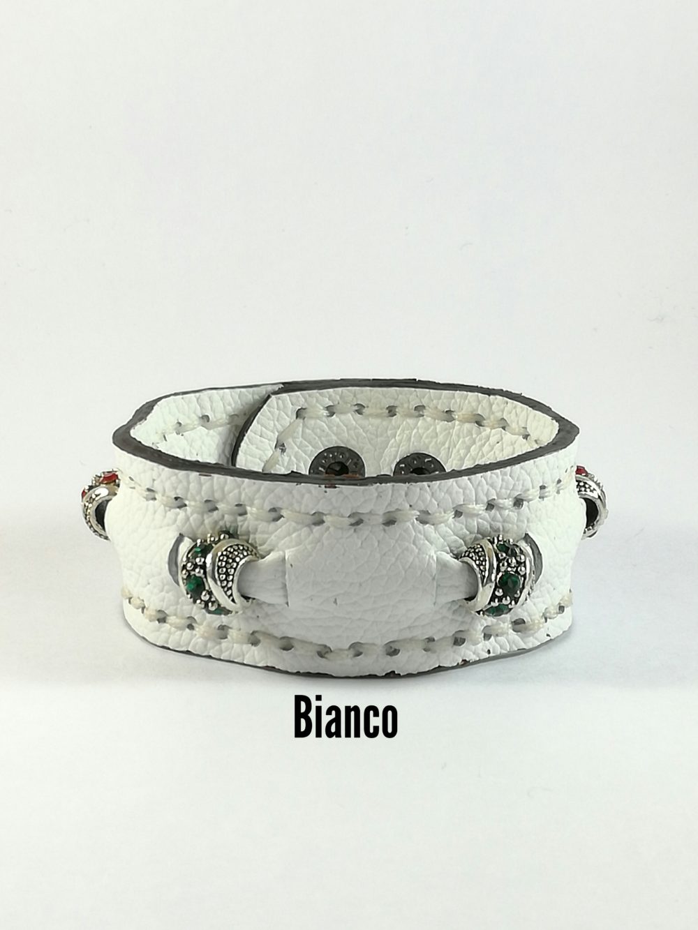 Bracciale in Pelle bianco Charm zircone rosso e verde