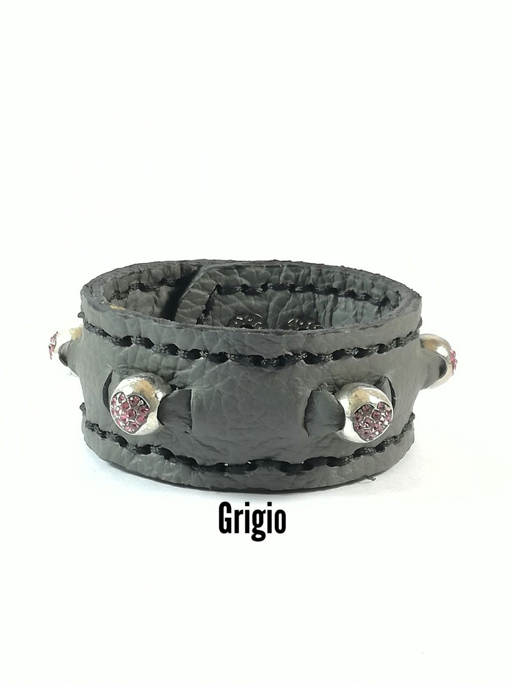 Bracciale in Pelle grigio Charm cuore zircone rosa