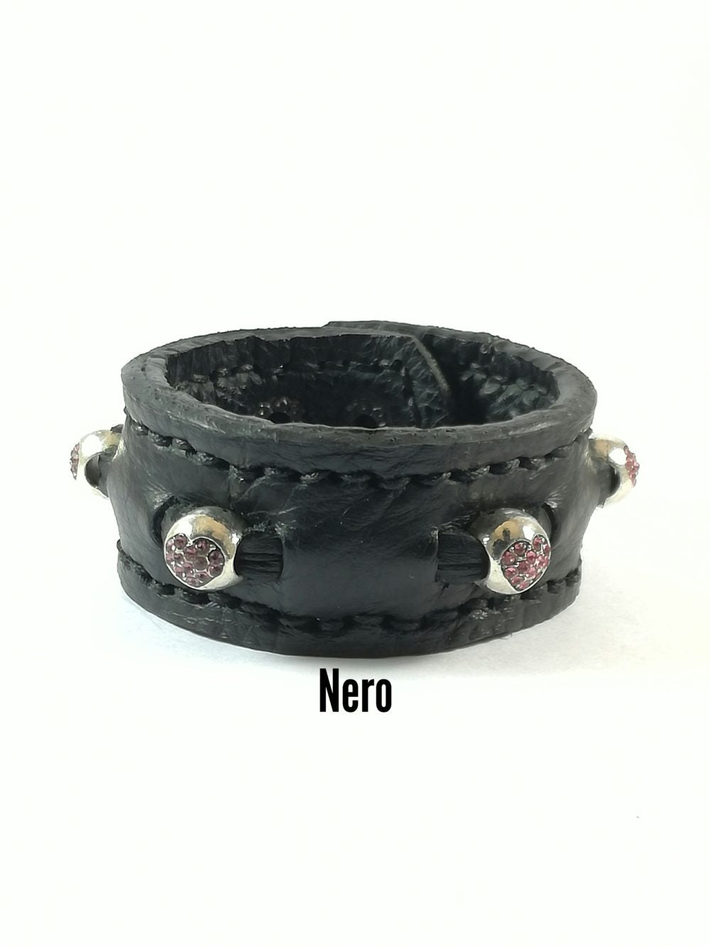 Bracciale in Pelle nero Fatto a Mano Charm zircone rosa